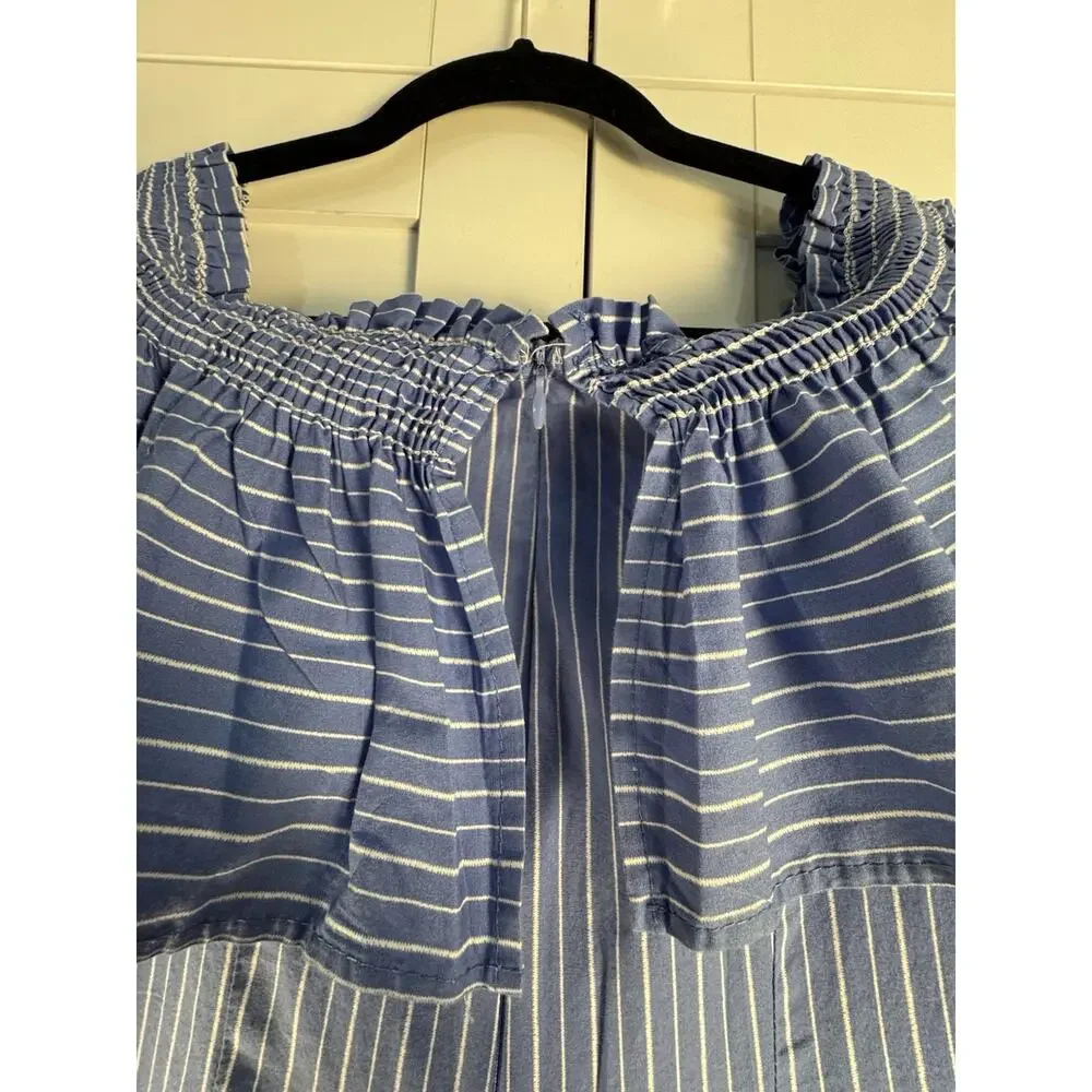 Privy Off Shoulder Jumpsuit Blue White Stripe Ruffle Wide Leg Womens M - Picture 4 of 8
